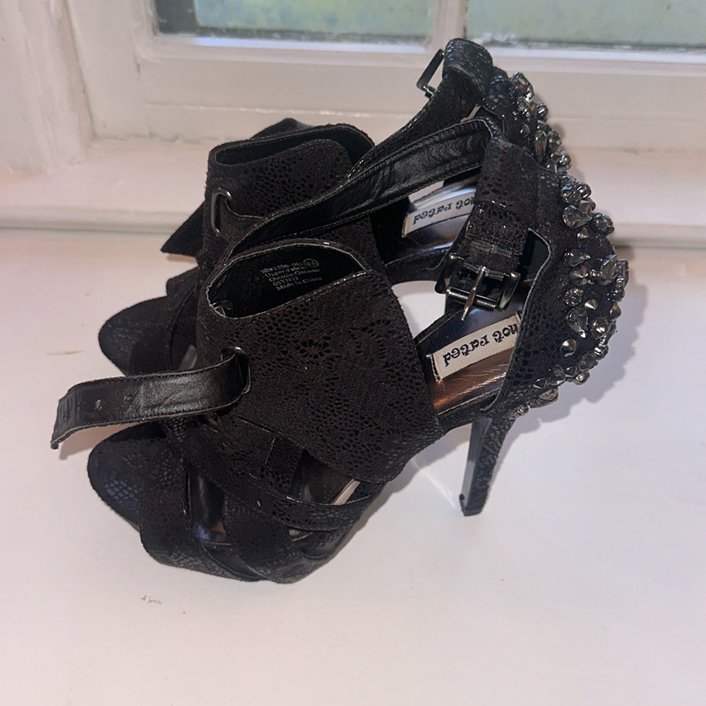 Killer blinged-out black faux snake platform heels. 9.5